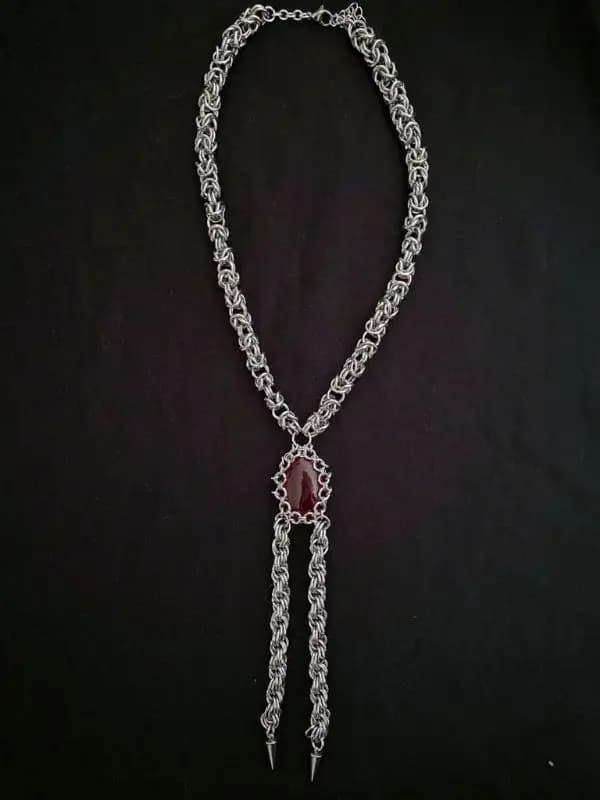 Gothic Chainmail Bolo Tie Necklace with Red Gemstone Pendant