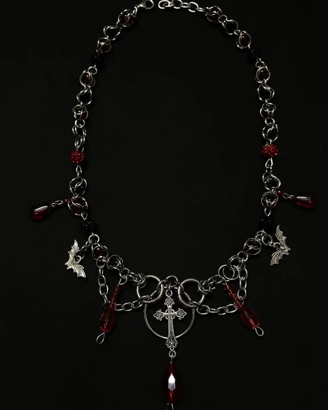 Dark Gothic Cross Necklace with Red Crystal Beads