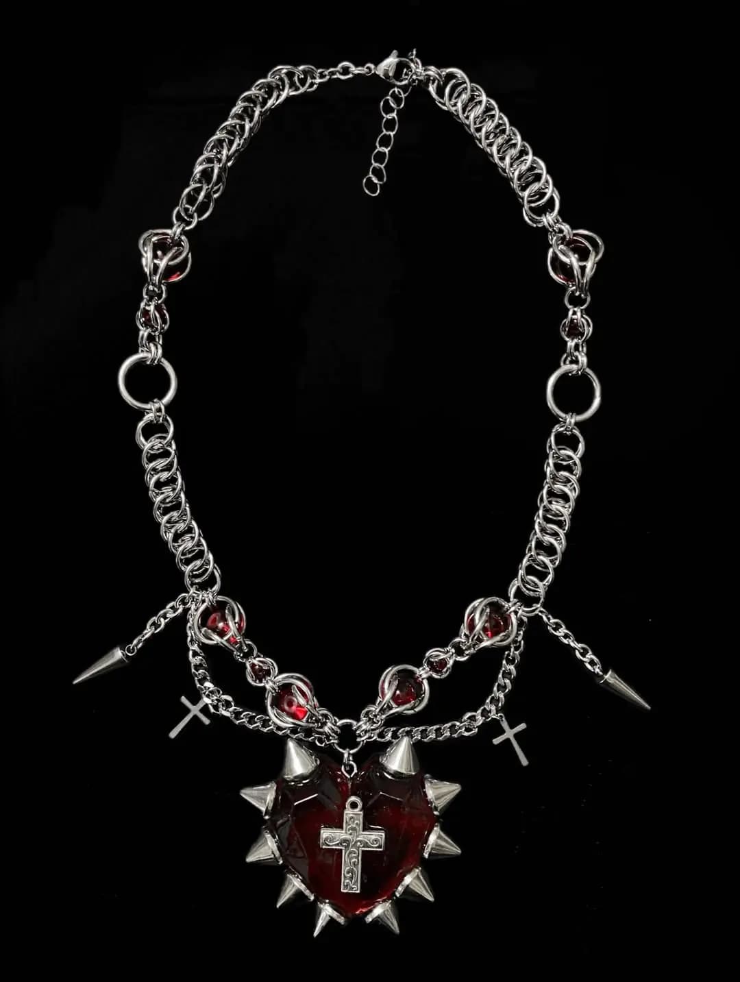 Crimson Spikeheart Chainmail Necklace