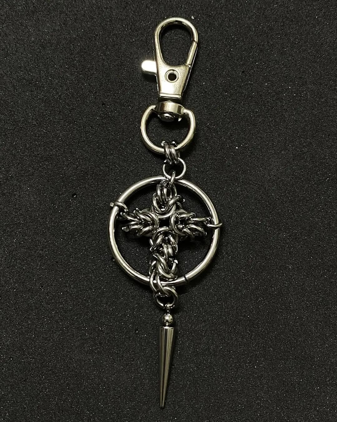 Gothic Chainmail Cross Keychain with Spike Pendant