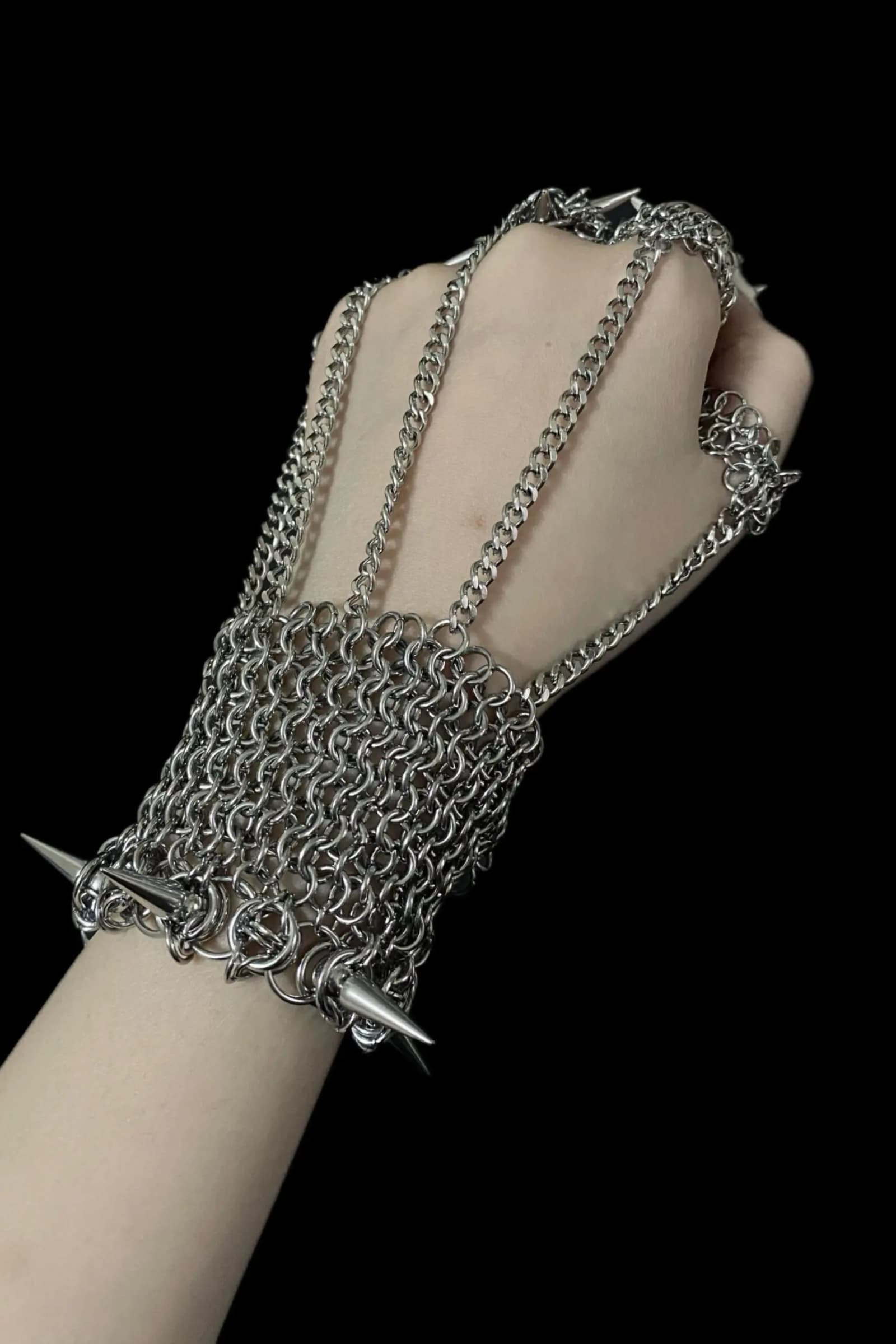 Gothic Spike Chainmail Hand Harness with Finger Chains & Pendant