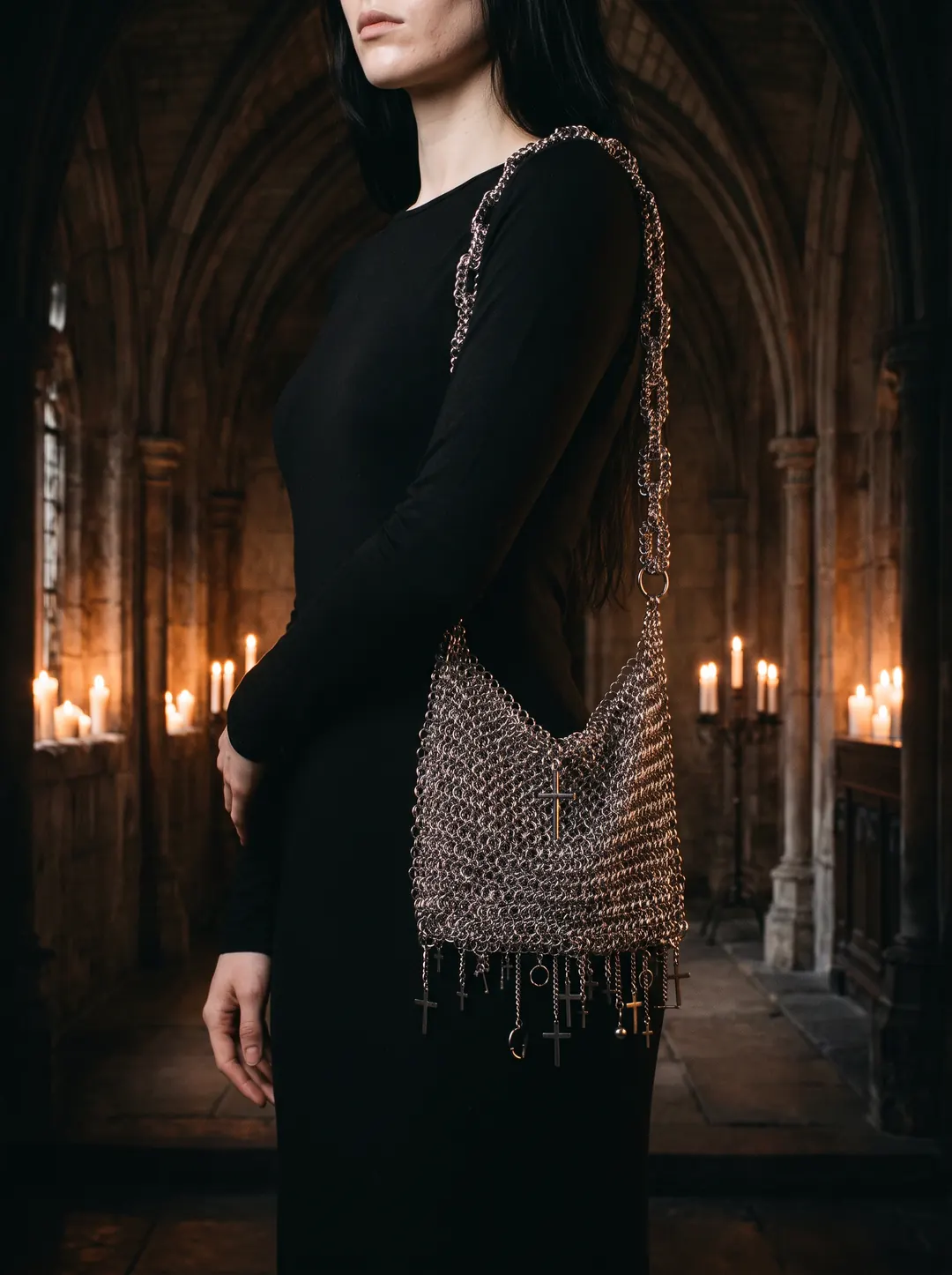 A model carrying Cathedral Fringe Chainmail Shoulder Bag beneath a stone arch on a lantern-lit street