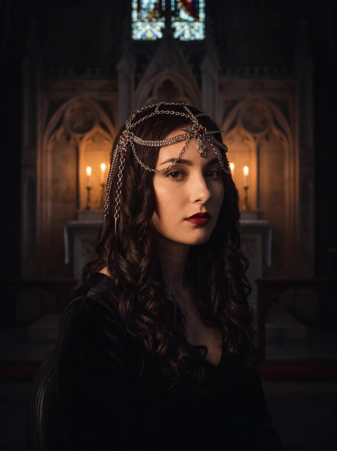 A model wearing Crimson Cathedral Veil Chainmail Headdress inside a candlelit cathedral