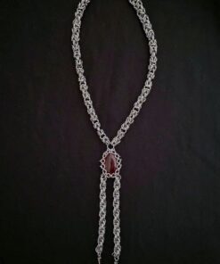 Gothic Chainmail Bolo Tie Necklace with Red Gemstone Pendant