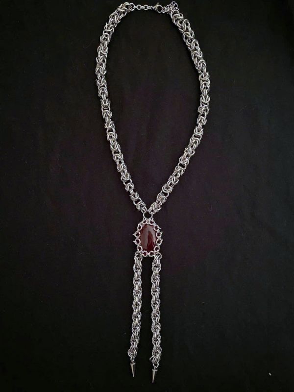 Gothic Chainmail Bolo Tie Necklace with Red Gemstone Pendant