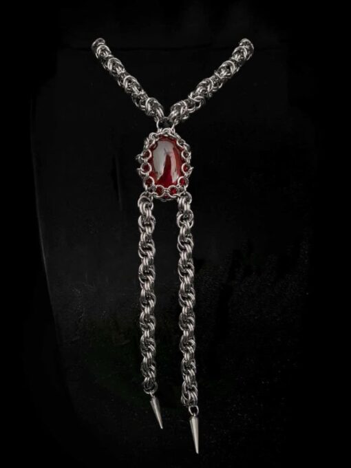 Gothic Chainmail Bolo Tie Necklace with Red Gemstone Pendant - Image 2