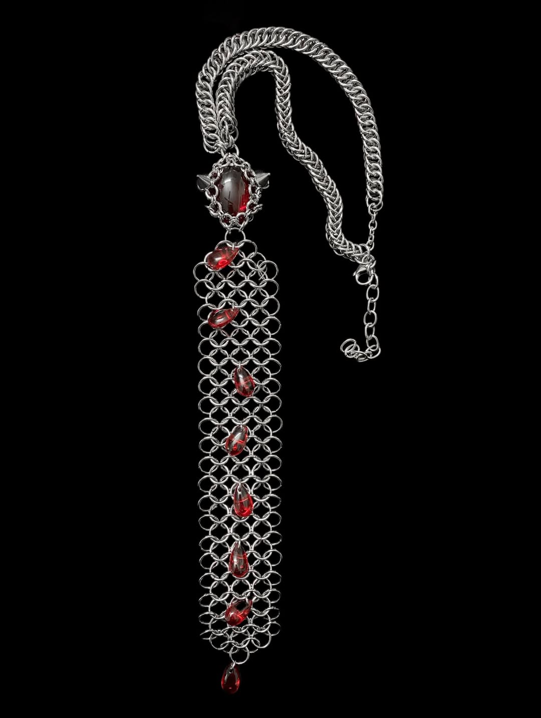 Gothic Chainmail Necklace with Red Crystal Drops