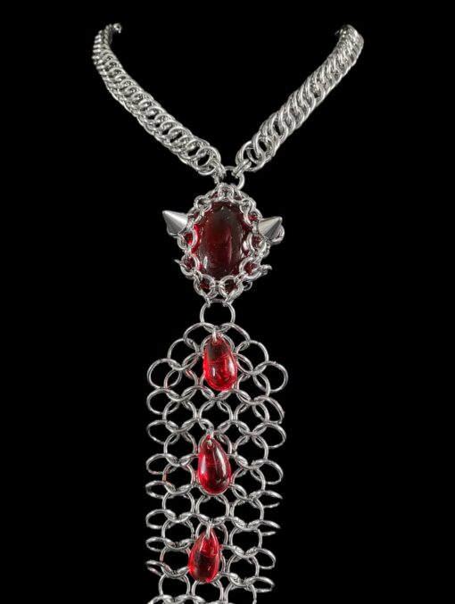 Gothic Chainmail Necklace with Red Crystal Drops - Image 4