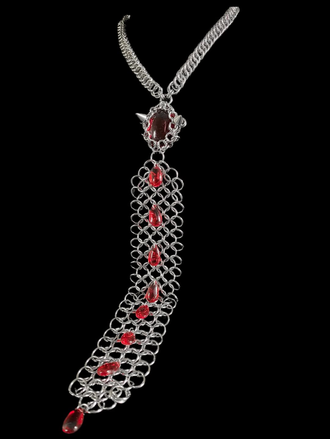 Gothic Chainmail Necklace with Red Crystal Drops - Image 5