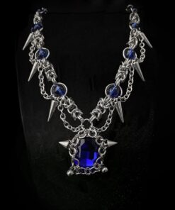 Gothic Spike Chain Necklace with Blue Crystal Pendant