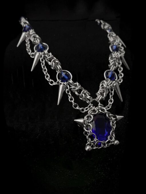 Gothic Spike Chain Necklace with Blue Crystal Pendant - Image 3