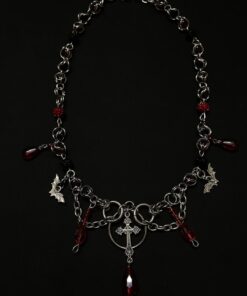 Dark Gothic Cross Necklace with Red Crystal Beads