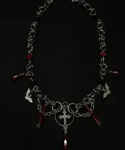 Dark Gothic Cross Necklace with Red Crystal Beads