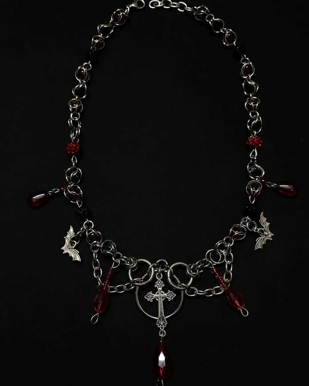 Dark Gothic Cross Necklace with Red Crystal Beads