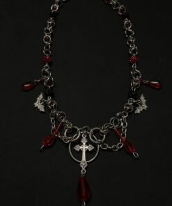 Alternative view of Dark Gothic Cross Necklace with Red Crystal Beads