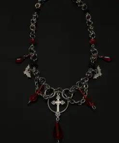 Alternative view of Dark Gothic Cross Necklace with Red Crystal Beads