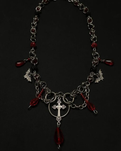 Dark Gothic Cross Necklace with Red Crystal Beads - Image 2