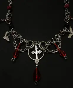 Dark Gothic Cross Necklace with Red Crystal Beads - Image 3
