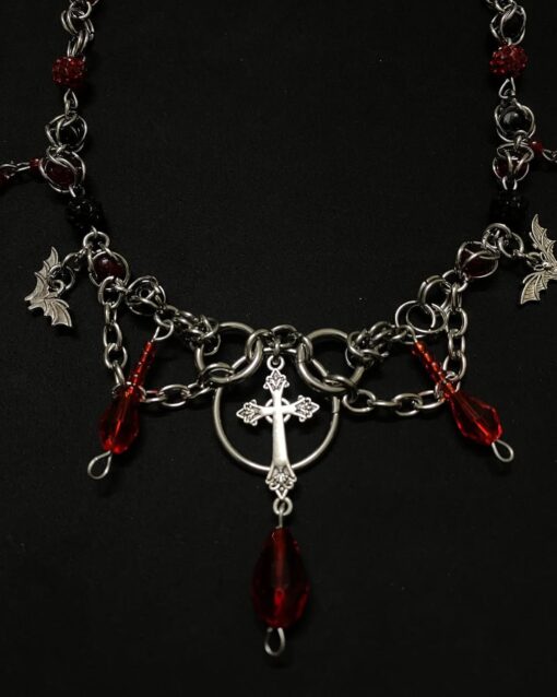 Dark Gothic Cross Necklace with Red Crystal Beads - Image 3