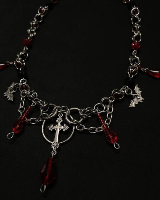 Dark Gothic Cross Necklace with Red Crystal Beads - Image 4