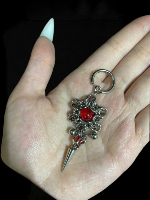 Crimson Thorn Gothic Chainmaille Earrings – Handmade Red Crystal Spike Jewelry - Image 3