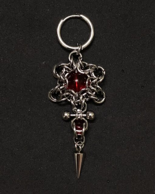 Crimson Thorn Gothic Chainmaille Earrings – Handmade Red Crystal Spike Jewelry - Image 2