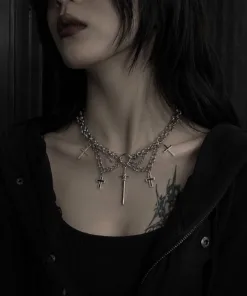 Alternative view of Gothic Cross Chainmail Necklace with Medieval Sword Pendant