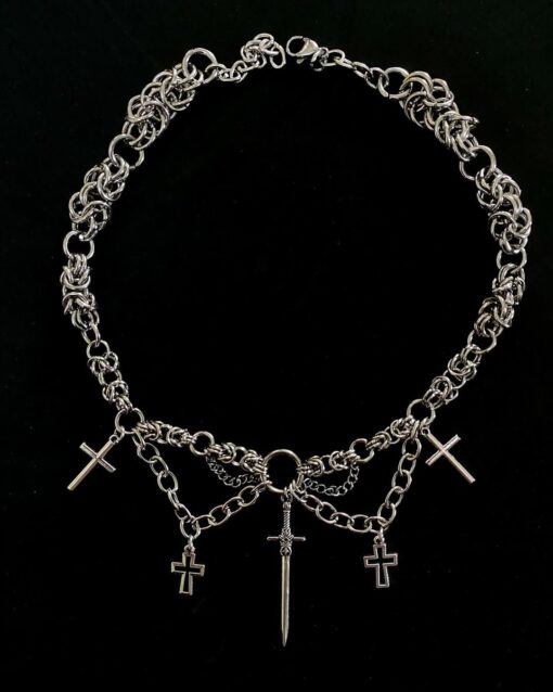 Gothic Cross Chainmail Necklace with Medieval Sword Pendant - Image 2