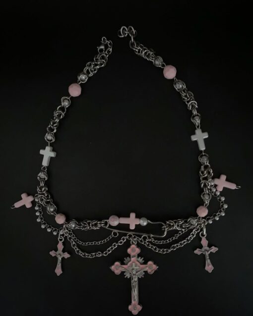 Pastel Pink Gothic Cross Layered Necklace - Image 2