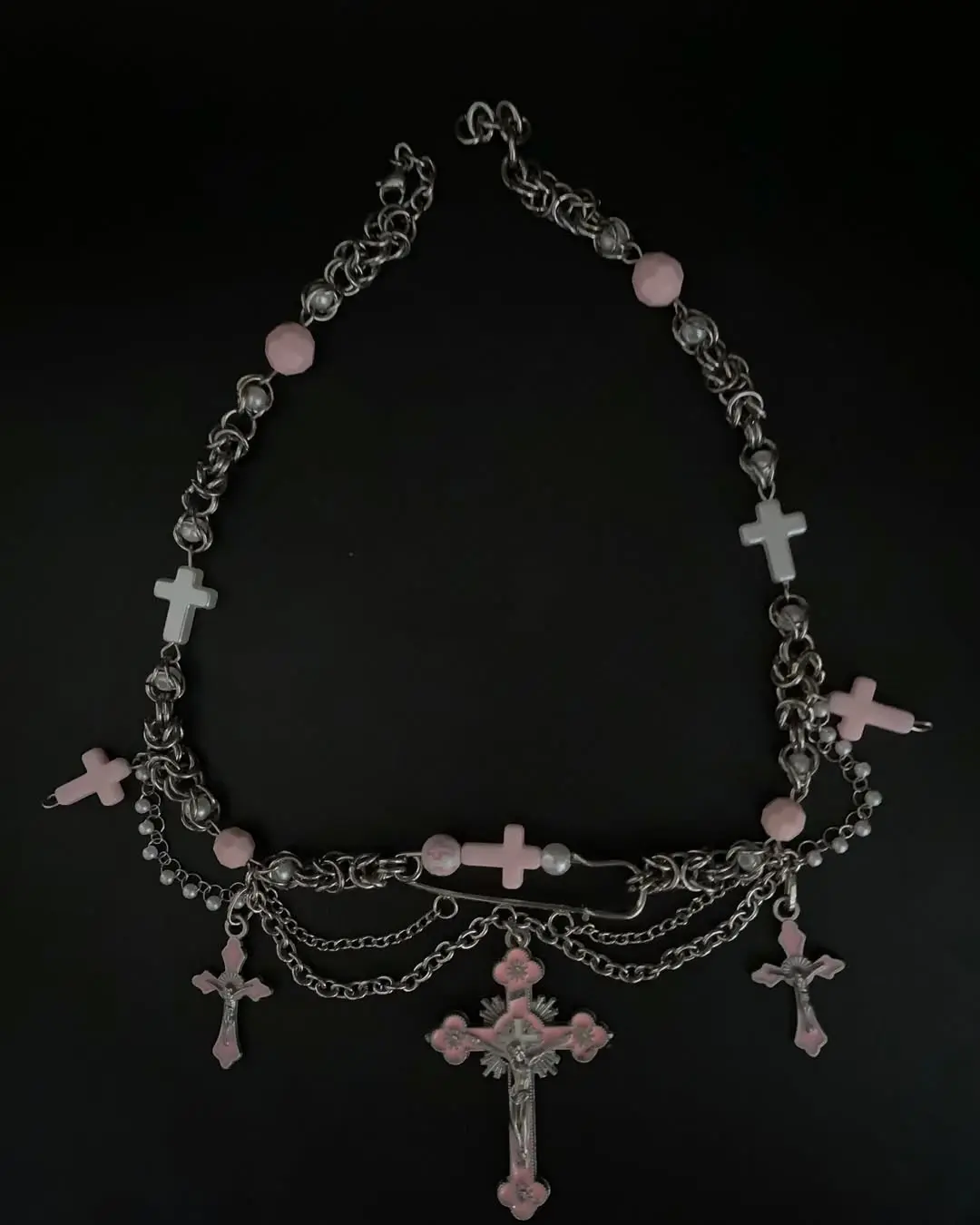 Pastel Pink Gothic Emblem Layered Necklace - Image 4