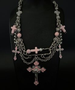 Pastel Pink Gothic Cross Layered Necklace