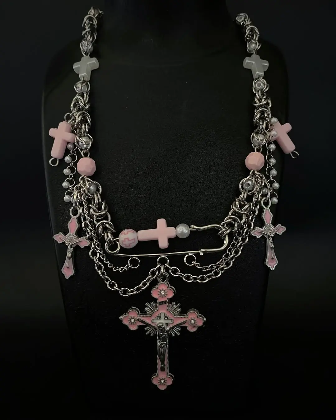 Pastel Pink Gothic Emblem Layered Necklace