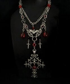 Alternative view of Vampire Gothic Cross Layered Necklace with Blood - Red Crystal Drops