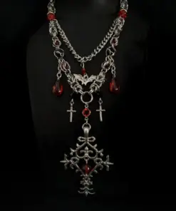 Vampire Gothic Cross Layered Necklace with Blood - Red Crystal Drops — Handmade Gothic Necklace, Stainless Steel, Dark Silver, Grizz Studio