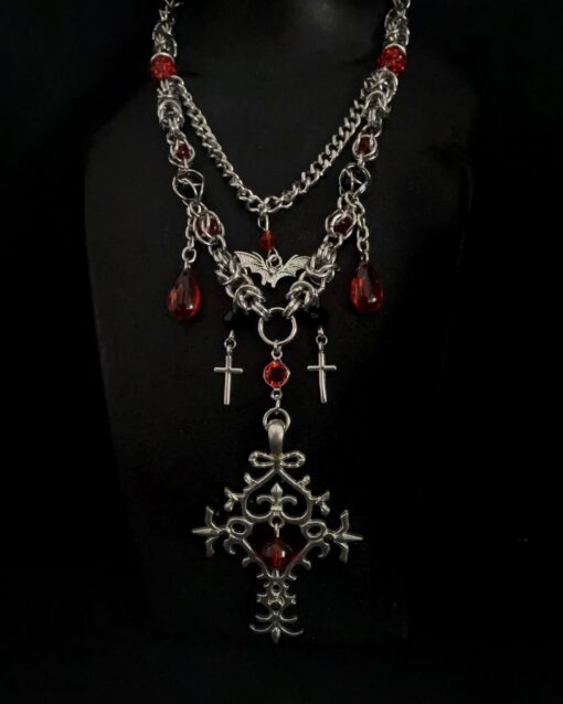 Vampire Gothic Cross Layered Necklace with Blood-Red Crystal Drops - Image 2