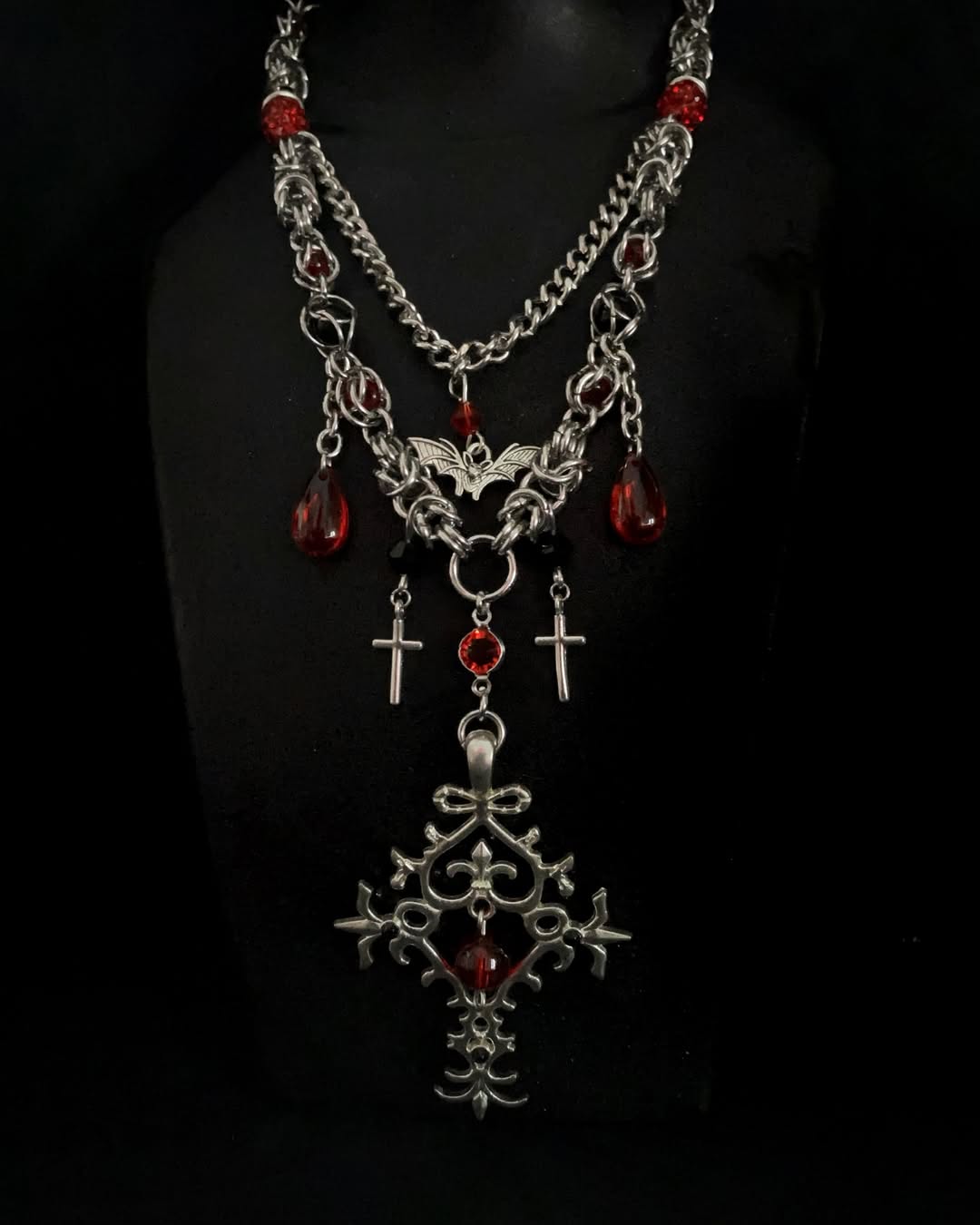 Vampire Gothic Cross Layered Necklace with Blood-Red Crystal Drops - Image 2