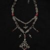 Vampire Gothic Cross Layered Necklace with Blood-Red Crystal Drops