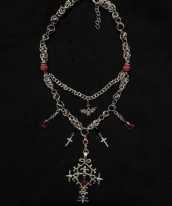 Vampire Gothic Cross Layered Necklace with Blood-Red Crystal Drops
