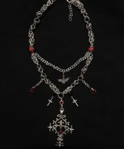 Vampire Gothic Cross Layered Necklace with Blood - Red Crystal Drops