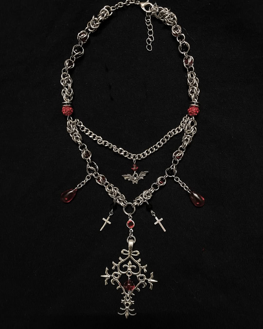 Vampire Gothic Cross Layered Necklace with Blood-Red Crystal Drops