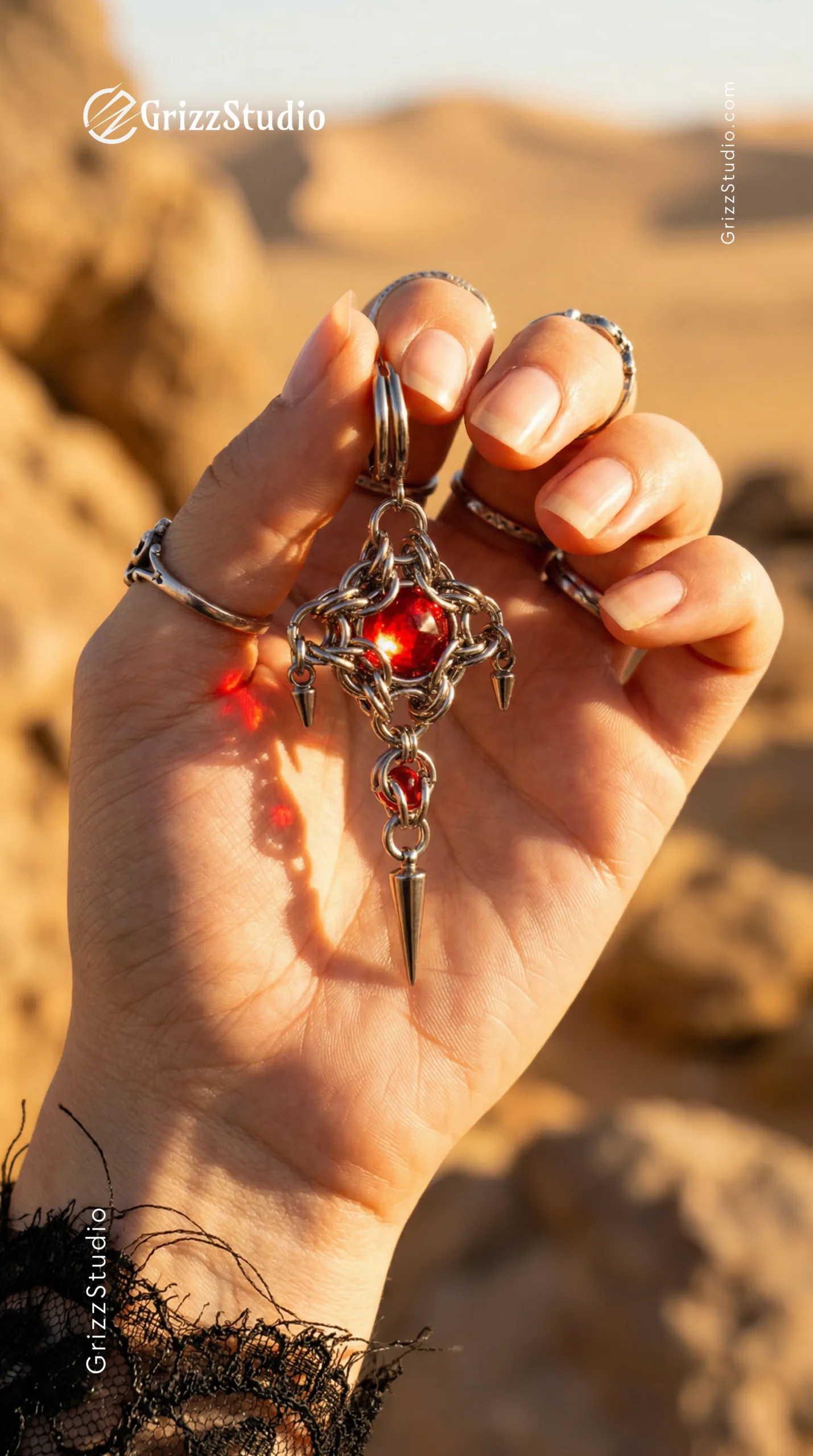 Crimson Core Chainmail Earring with Industrial Spikes - Image 3