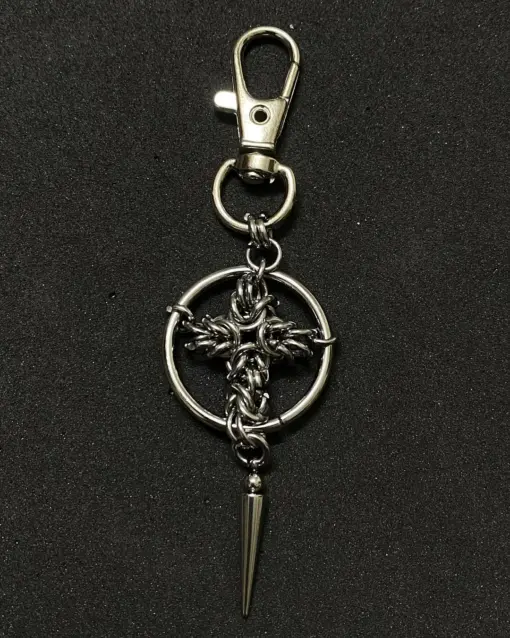 Gothic Chainmail Cross Keychain with Spike Pendant