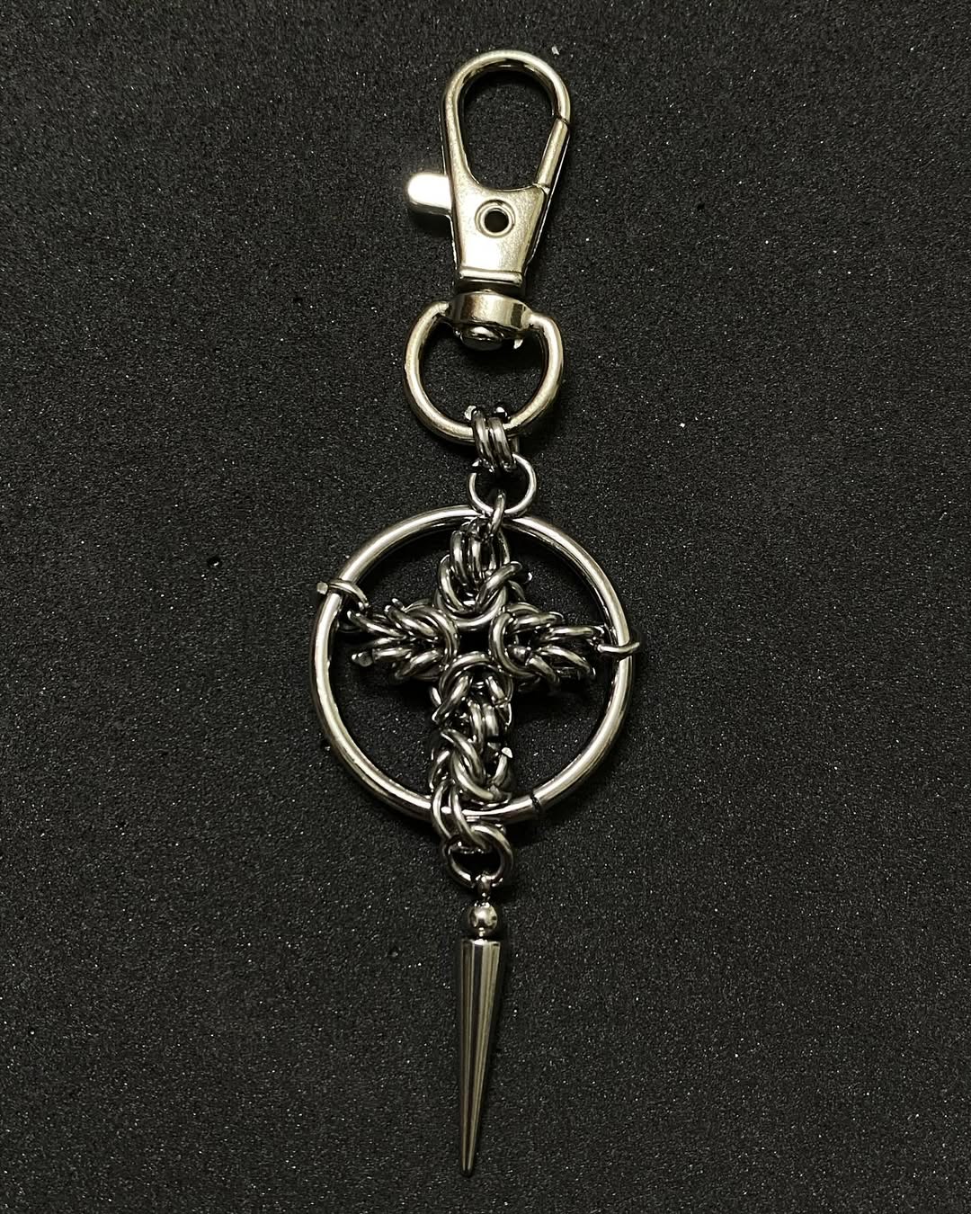 Gothic Chainmail Cross Keychain with Spike Pendant