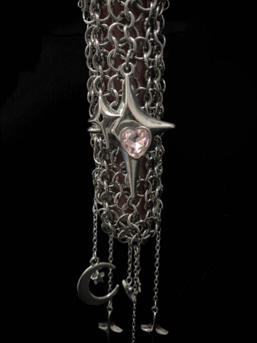 Gothic Chainmail Lighter Case with Pink Heart & Moon Charms - Image 2