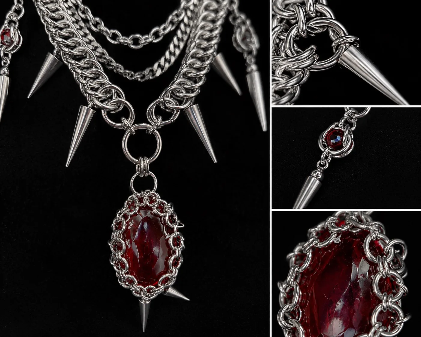Gothic Chainmail Spike Necklace with Blood Red Stone - Image 3