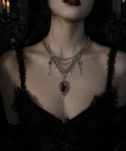 Alternative view of Gothic Chainmail Spike Necklace with Blood Red Stone