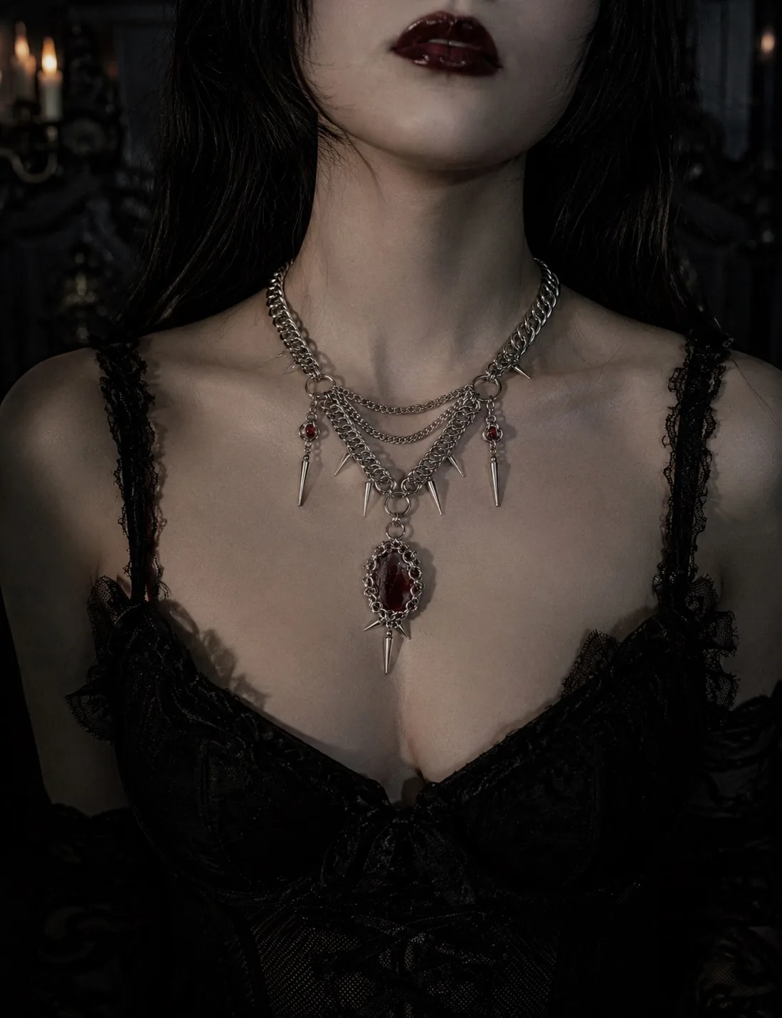 Gothic Chainmail Spike Necklace with Blood Red Stone - Image 2
