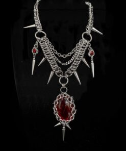 Gothic Chainmail Spike Necklace with Blood Red Stone
