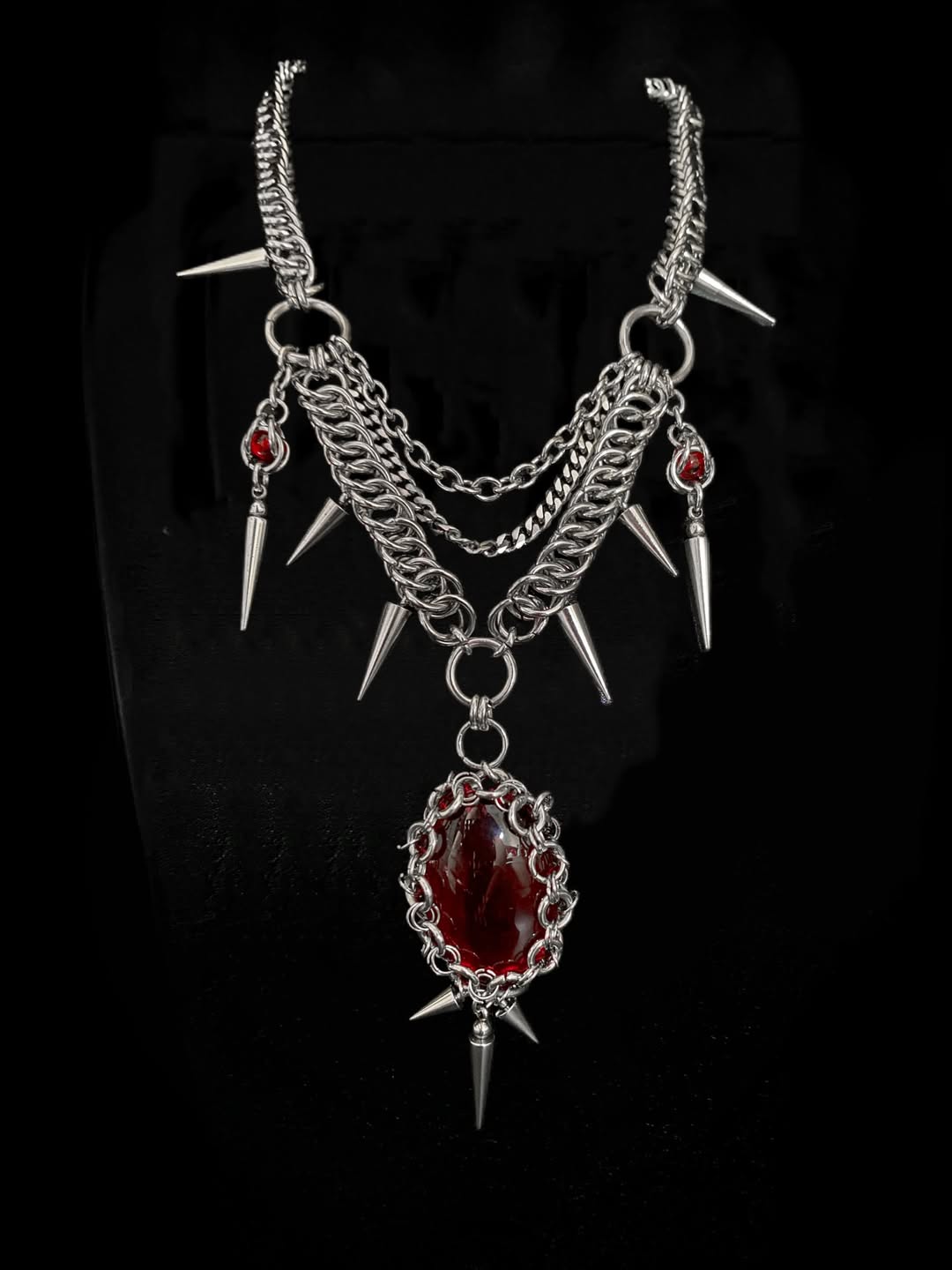 Gothic Chainmail Spike Necklace with Blood Red Stone