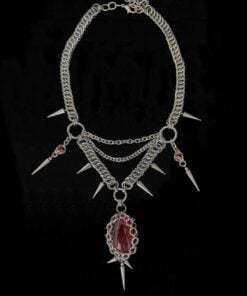 Alternative view of Gothic Chainmail Spike Necklace with Blood Red Stone